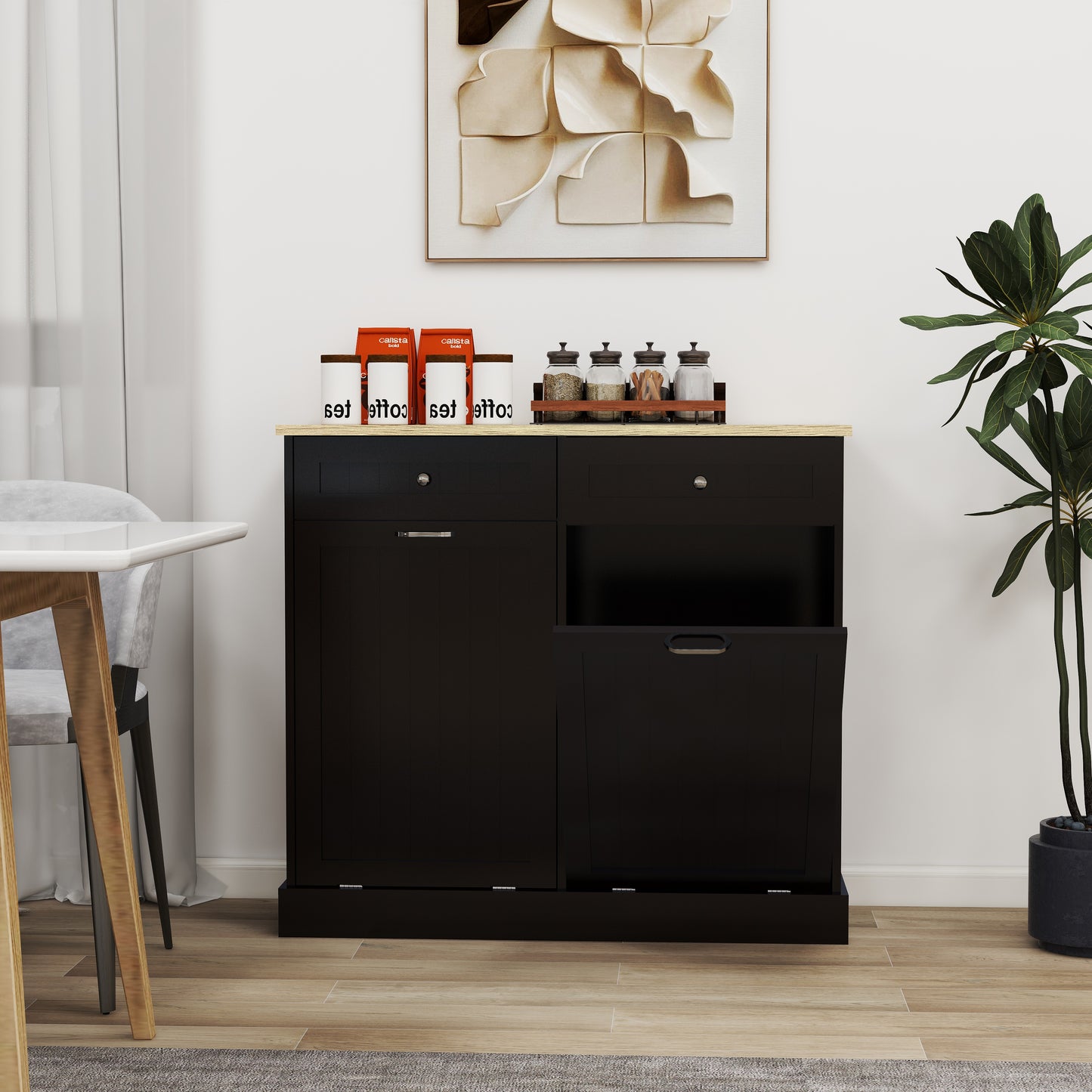 Two Drawers and Two-Compartment Tilt-Out Trash Cabinet Kitchen Trash Cabinet-Black image 7