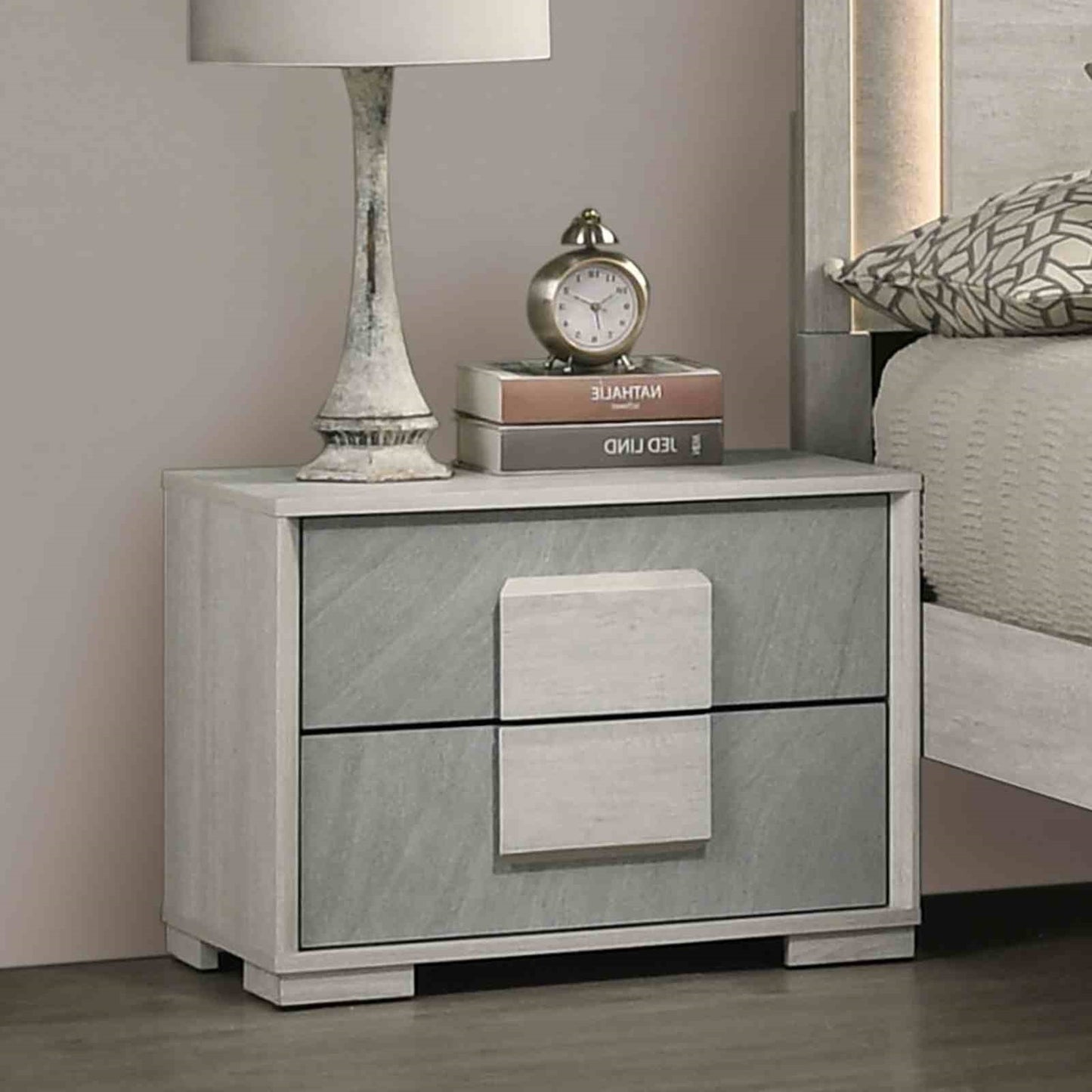 Two Tone Design Nightstand 1pc French Dovetail Drawers Wooden Handles Melamine Top White Wash And Stone Gray Finish Bedroom Furniture image 1