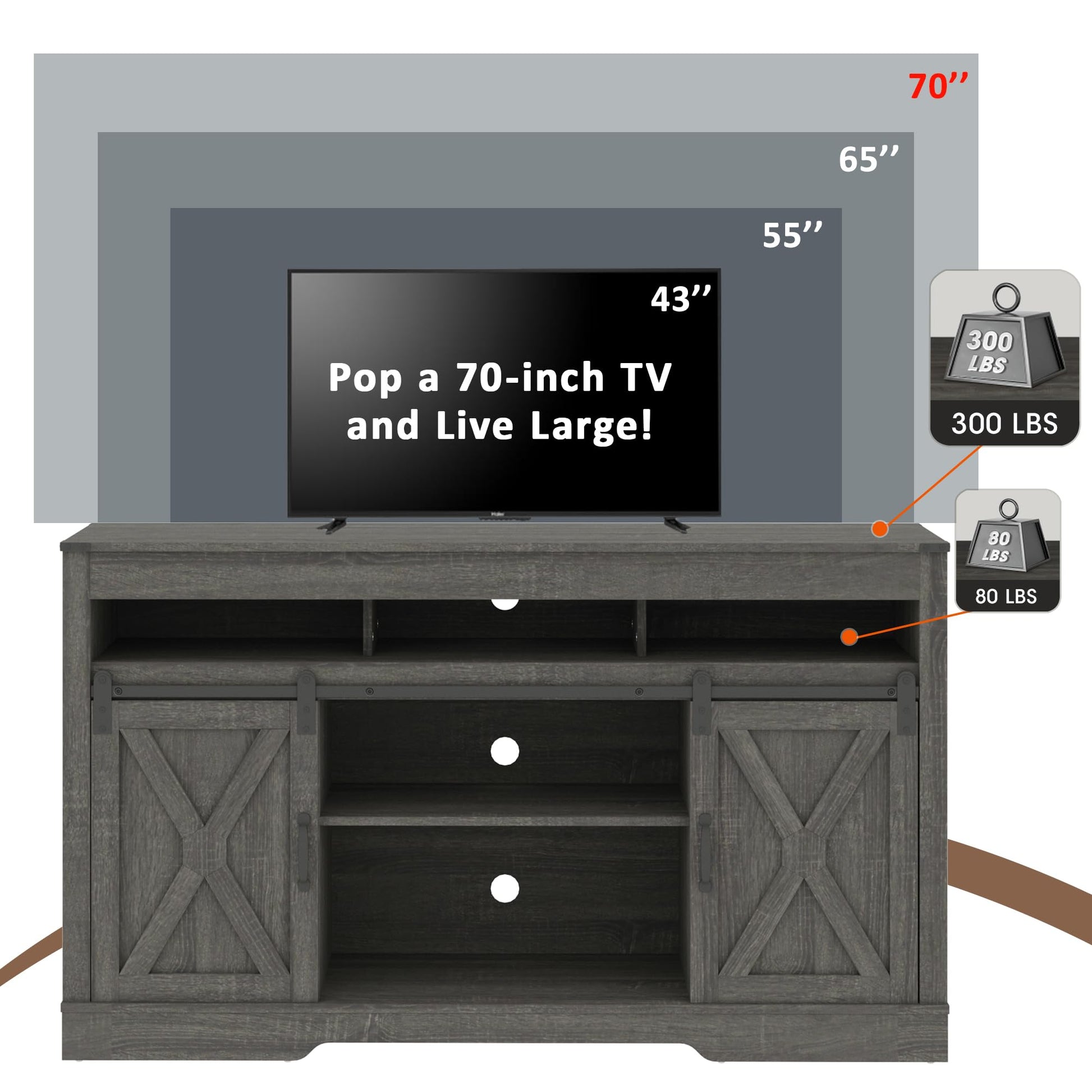 Farmhouse TV Stand with Sliding Barn Door for TVs up to 65+ Inch, 34" Tall Entertainment Center, Wood Media Console Storage Cabinet for Bedroom, Living Room, Dark Grey image 4