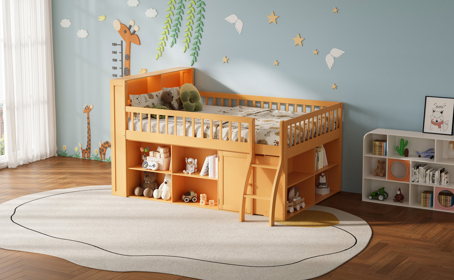 Full Size Loft Bed with Storage, Headboard with LED Light, Natural image 5