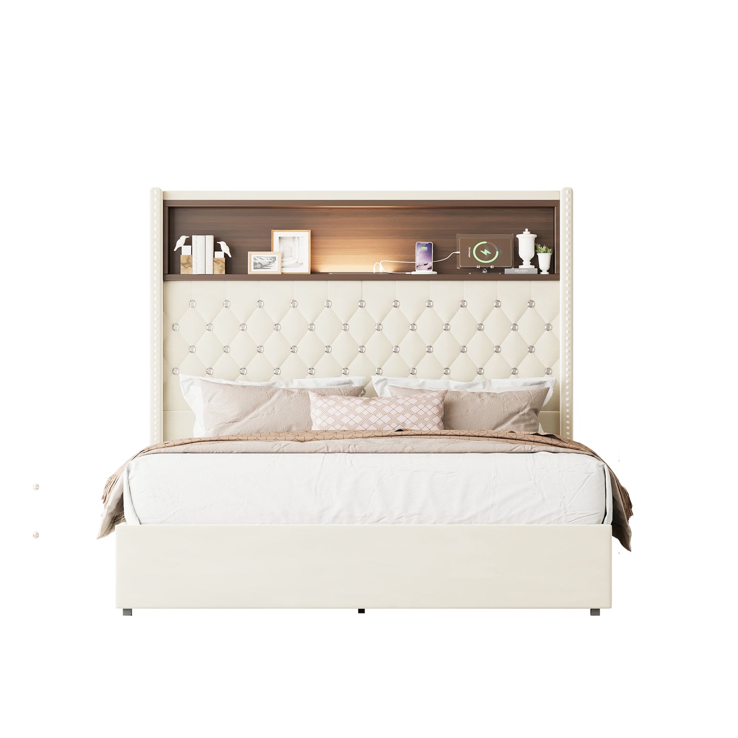 Full Size Velvet Tufted Soft Bed Frame with USB Port and Night Light,52''High Headboard with Rivet Decoration,Wing-back Platform Bed with Headboard Shelf,Beige image 9