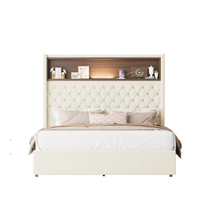 Full Size Velvet Tufted Soft Bed Frame with USB Port and Night Light,52''High Headboard with Rivet Decoration,Wing-back Platform Bed with Headboard Shelf,Beige image 9