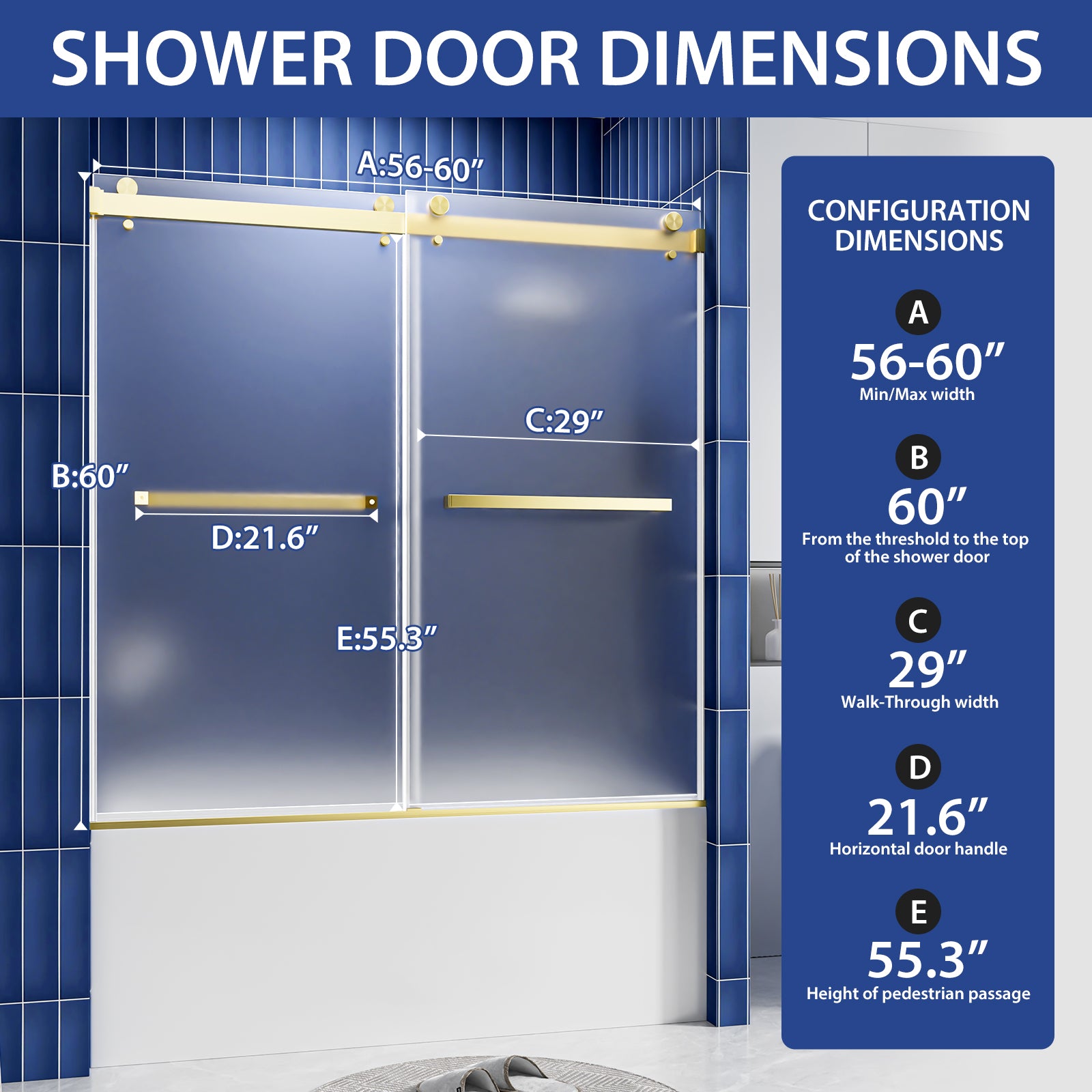 56-60" W x 60" H Frameless Double Sliding Shower Door, Premium 1/4" (6mm) Thick Frosted Ultra-Clear Nano-Coated Tempered Glass, Stainless Steel, Brushed Gold image 2