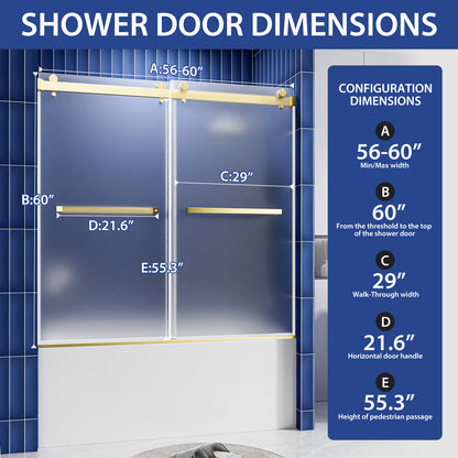 56-60" W x 60" H Frameless Double Sliding Shower Door, Premium 1/4" (6mm) Thick Frosted Ultra-Clear Nano-Coated Tempered Glass, Stainless Steel, Brushed Gold image 2