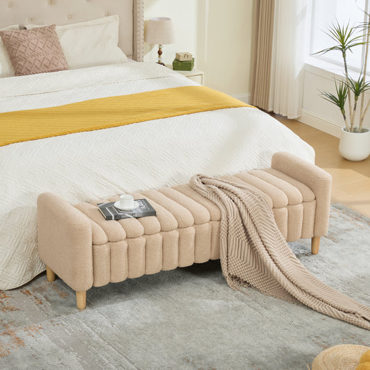 63.4"W Modern Upholstered End of Bed Bench, Wave Channel Tufted Flip-Top Storage Accent Window Footrest Stool with Armrests & Solid Wood Legs For Bedroom Entryway, Dining Room, Living Room, Wheat image 1