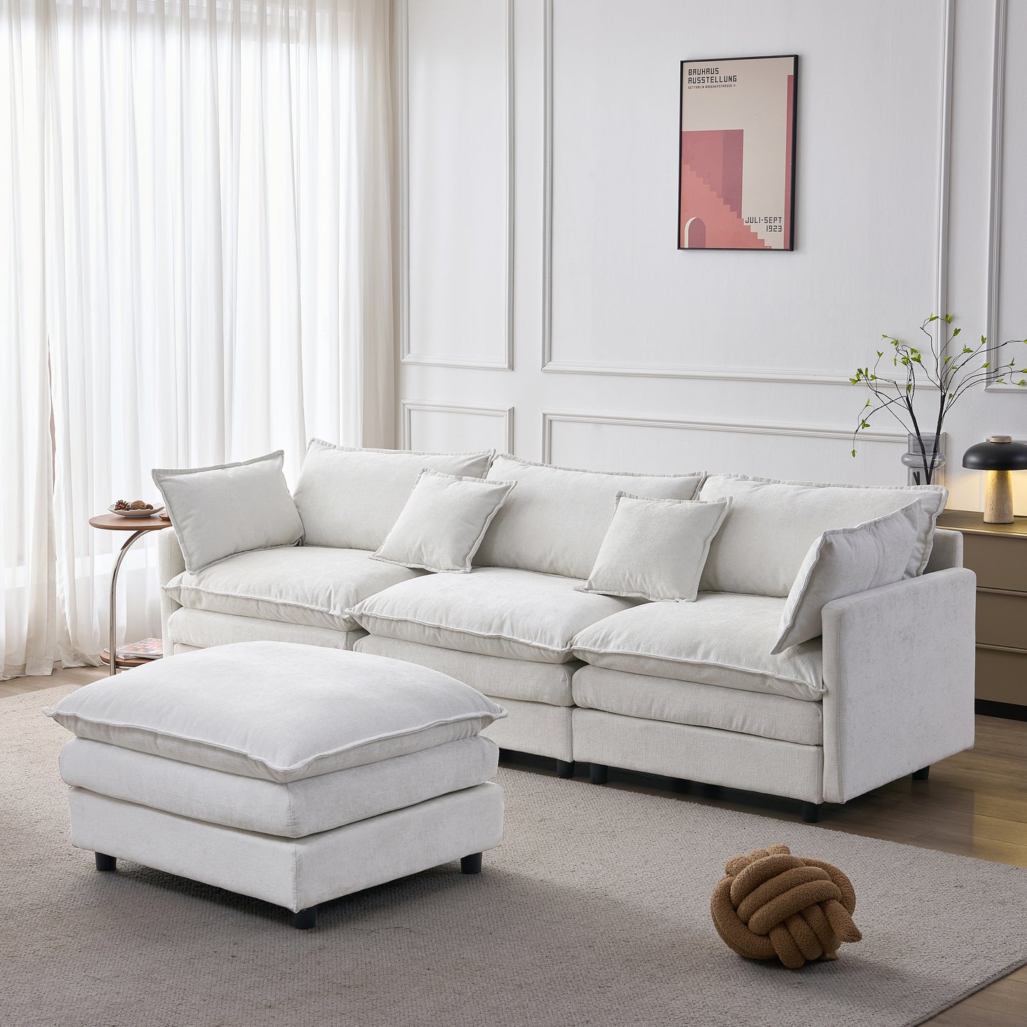 105" Modular Sectional Couch,Upholstered Soft Chenille Fabric Sofa,3 Seater with Ottoman L Shape Sofa Beige image 4