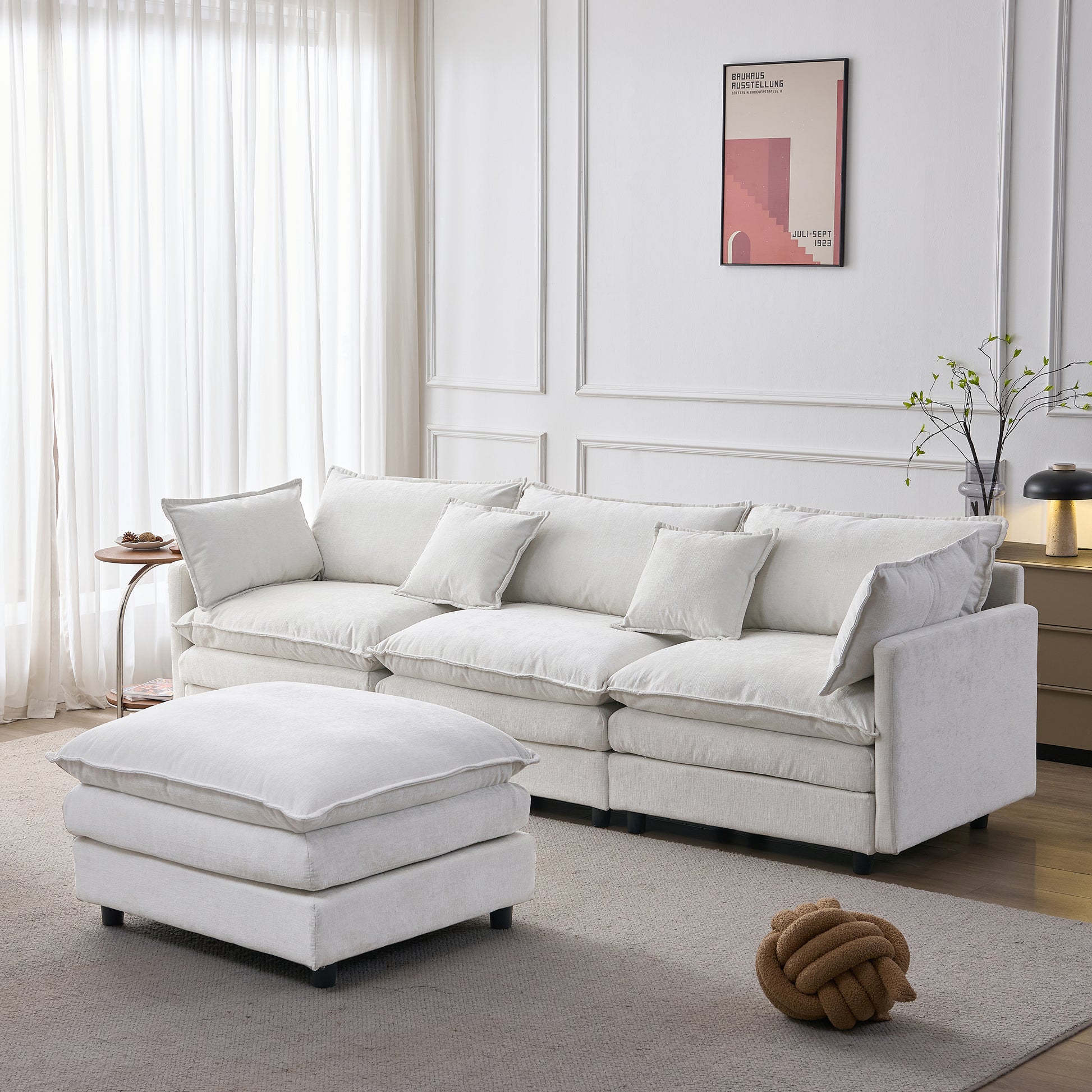 105" Modular Sectional Couch,Upholstered Soft Chenille Fabric Sofa,3 Seater with Ottoman L Shape Sofa Beige image 4