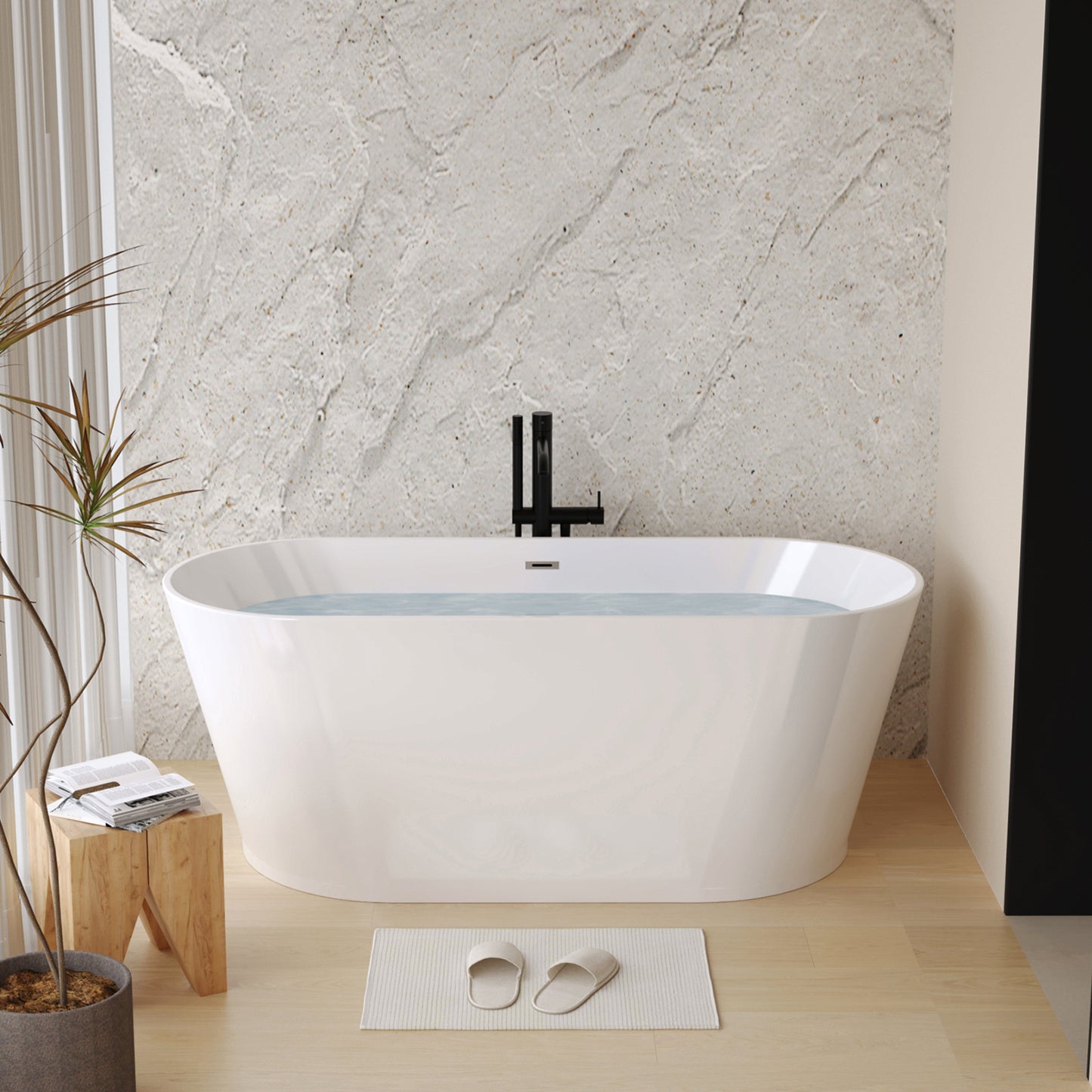 59" Acrylic Freestanding Bathtub, Stand Alone Soaking Tub, Glossy White Acrylic, Toe-tap Chrome Drain, cUPC Certified image 1