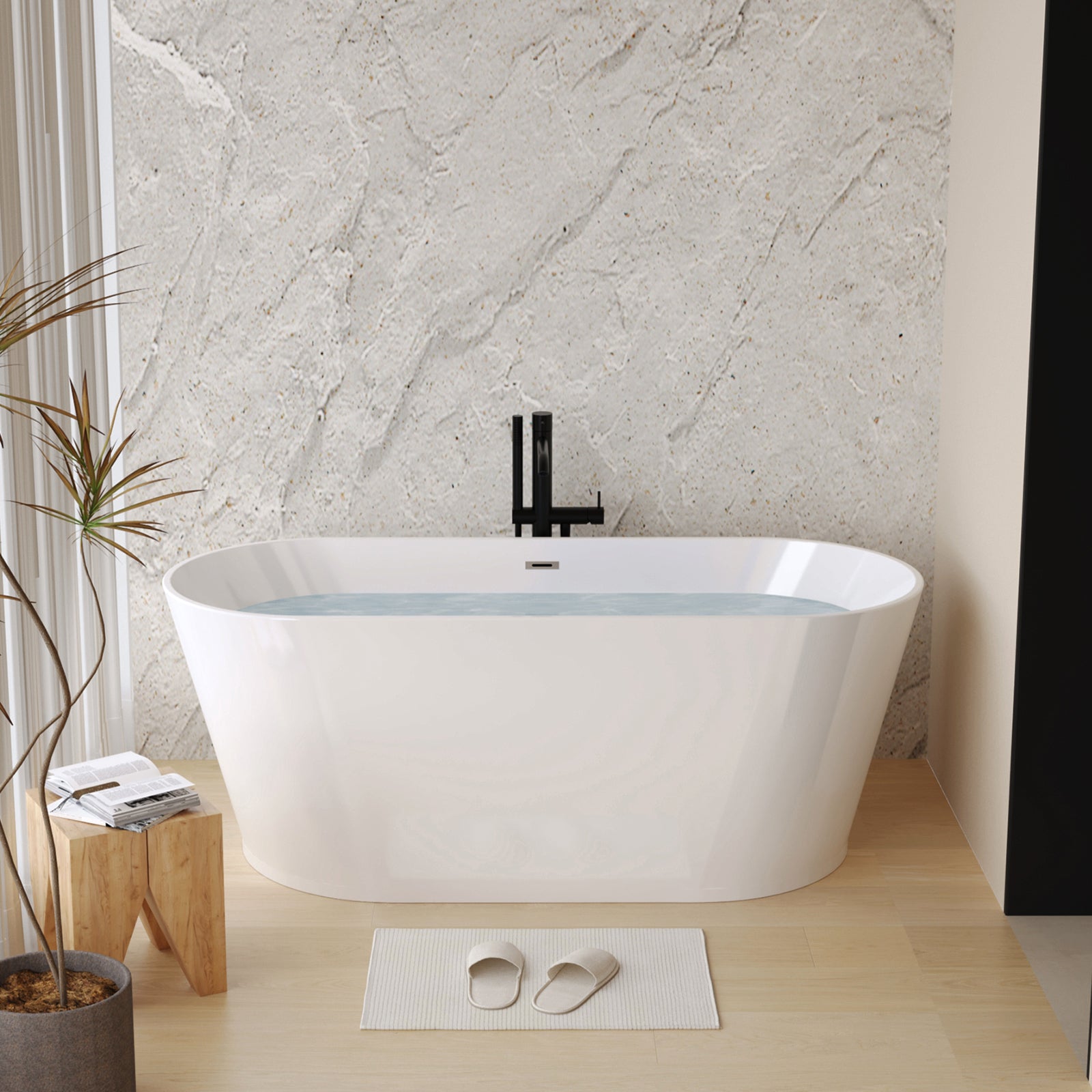59" Acrylic Freestanding Bathtub, Stand Alone Soaking Tub, Glossy White Acrylic, Toe-tap Chrome Drain, cUPC Certified image 1