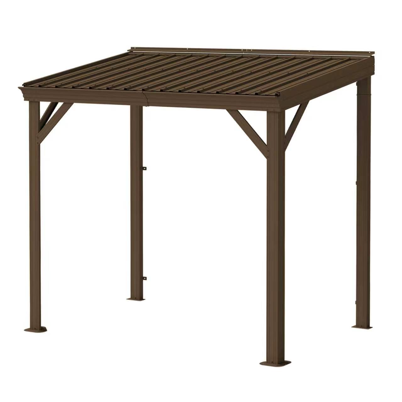 8x5FT Lean to Gazebo, Outdoor Hardtop Wall Mounted Gazebo with Sloping Galvanized Steel Roof, Upgraded Heavy Duty Mounted Shelter with Drainage System for Deck, Porch, Backyard,Brown image 1