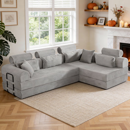 L shape Modular Sectional Sofa, Compressed Sectional Sofa Modern Minimalist Style Corduroy Couch,Unfold into a bed, Bedroom, Comfy Compressed Sofa Couch Space-Efficient Design(Light Gray) image 1