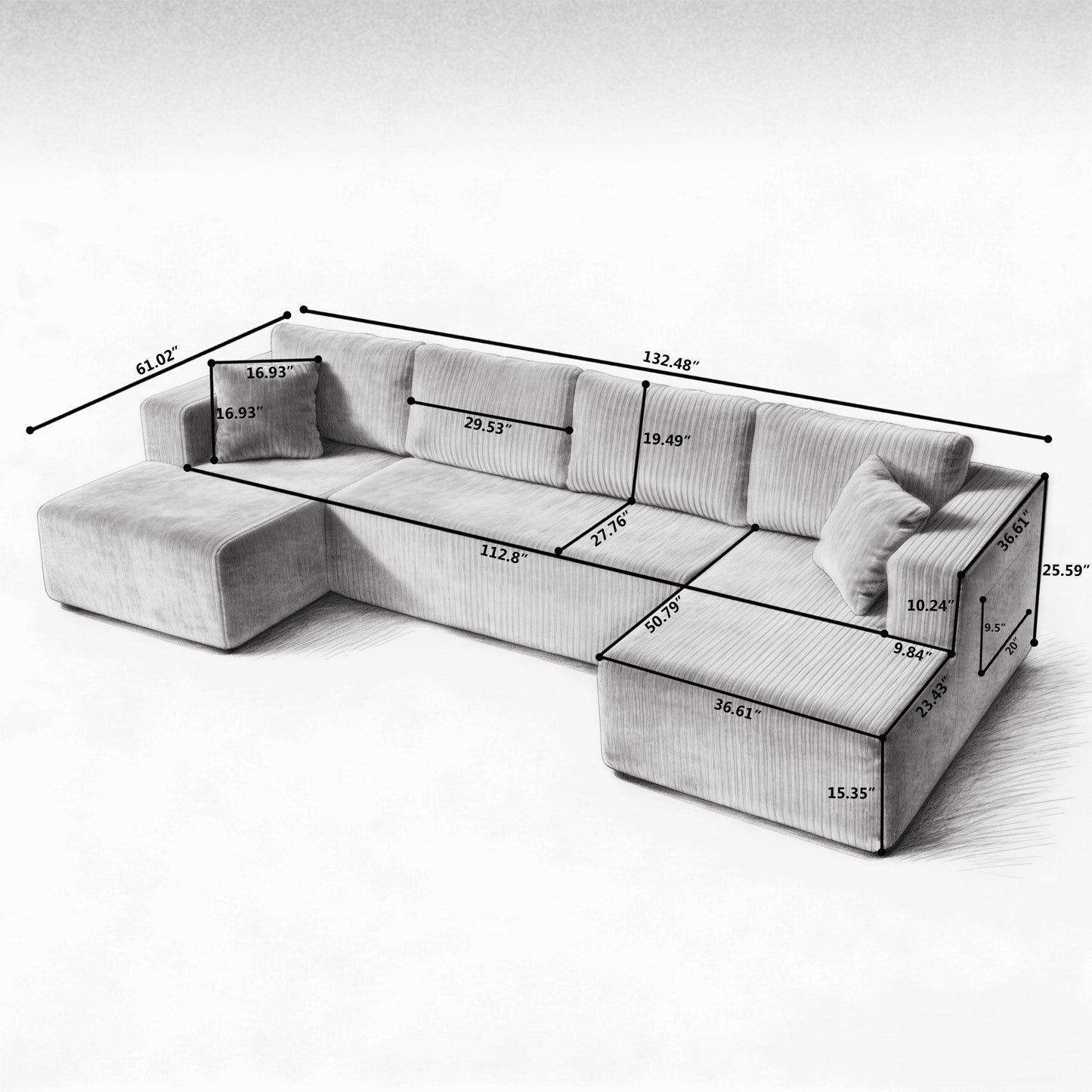 132" U Shaped Modular Sectional Sofa, Comfy Compressed Cloud Couch with Side Pockets, Modern Minimalist Corduroy Memory Foam Sleeper Sofa for Living Room, No Assembly Required,Black image 7