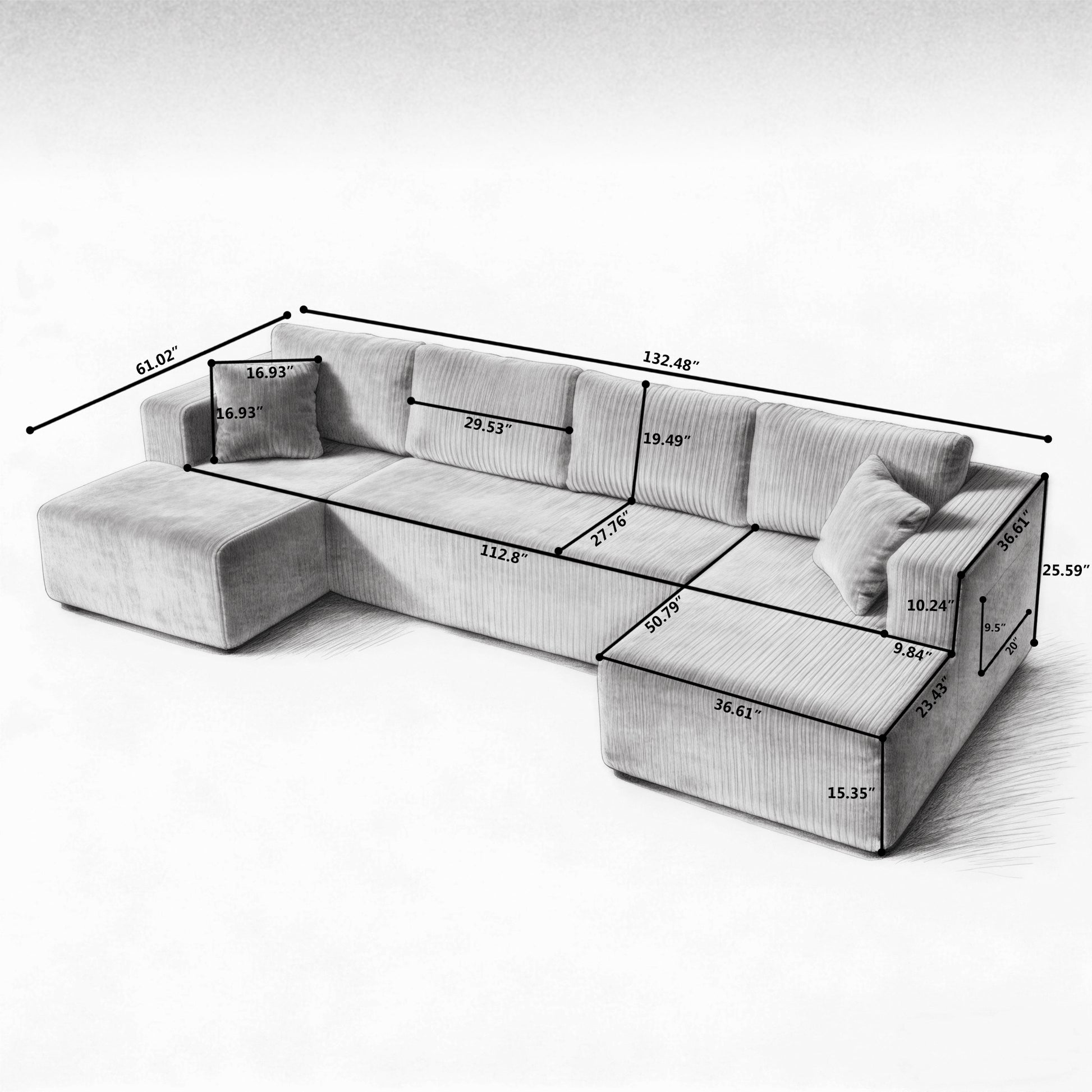 132" U Shaped Modular Sectional Sofa, Comfy Compressed Cloud Couch with Side Pockets, Modern Minimalist Corduroy Memory Foam Sleeper Sofa for Living Room, No Assembly Required,Black image 7