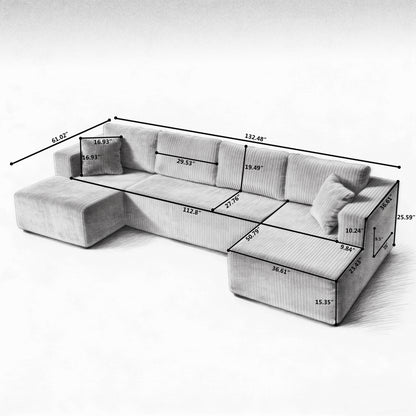 132" U Shaped Modular Sectional Sofa, Comfy Compressed Cloud Couch with Side Pockets, Modern Minimalist Corduroy Memory Foam Sleeper Sofa for Living Room, No Assembly Required,Black image 7