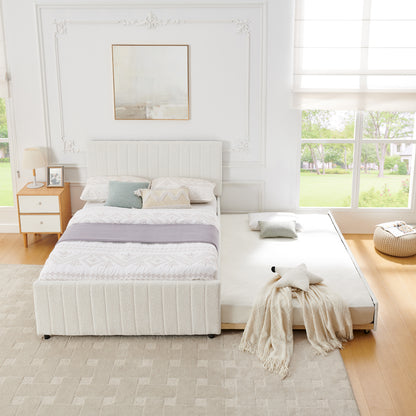 Full Size Vertical Striped Space Saving Upholstered Pull-out Bed with High Padded Back, Hidden Trundle Guest Bed Single to Double for Bedroom & Guest Room, Chenille image 5