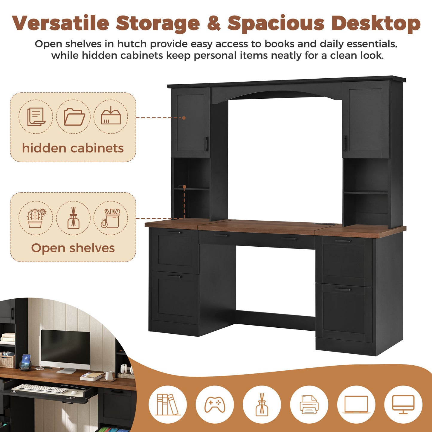 ON-TREND Farmhouse Arched Computer Desk with Hutch, Mid-Century Walnut Home Office Workstation with Charging Station & Keyboard Tray, All-in-One Writing Desk with File Drawer for Study, Office, Black image 5