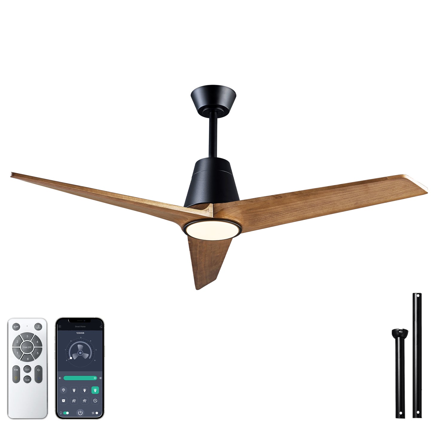 52 inch Decorative Ceiling Fan with Lights,3 Solid Wood Blade, Remote Control, 3CCT Dimmable LED, Timer, 6-Speed Reversible Motor Use for Living Room or Patio image 1