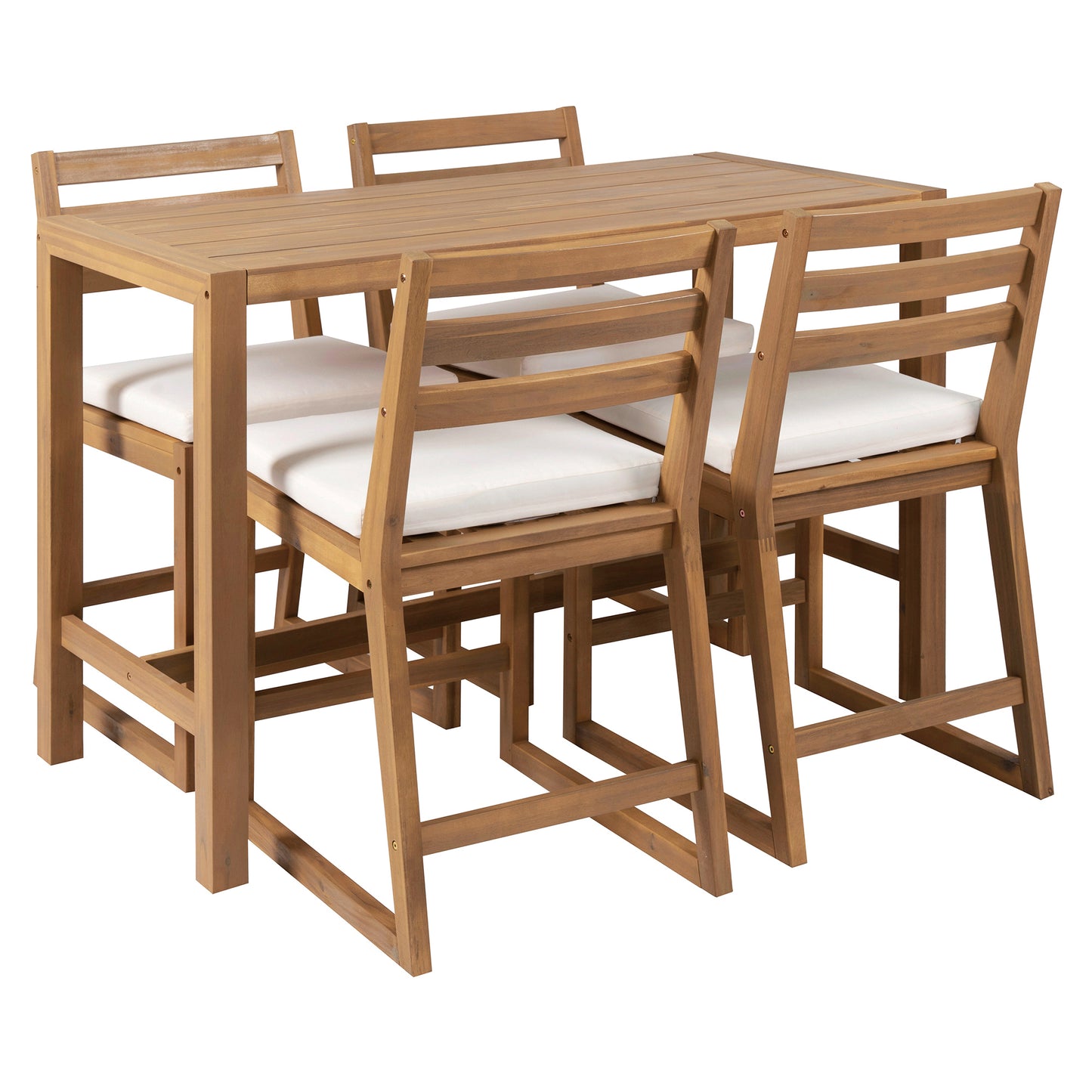 TREXM 5-Piece Rustic Patio Bar Set, Patio Table and Chairs Set with Ergonomic Chairs, Solid Wood Slatted Tabletop for Poolside, Balcony, Backyard, Porch (Light Teak+Beige Cushion) image 4