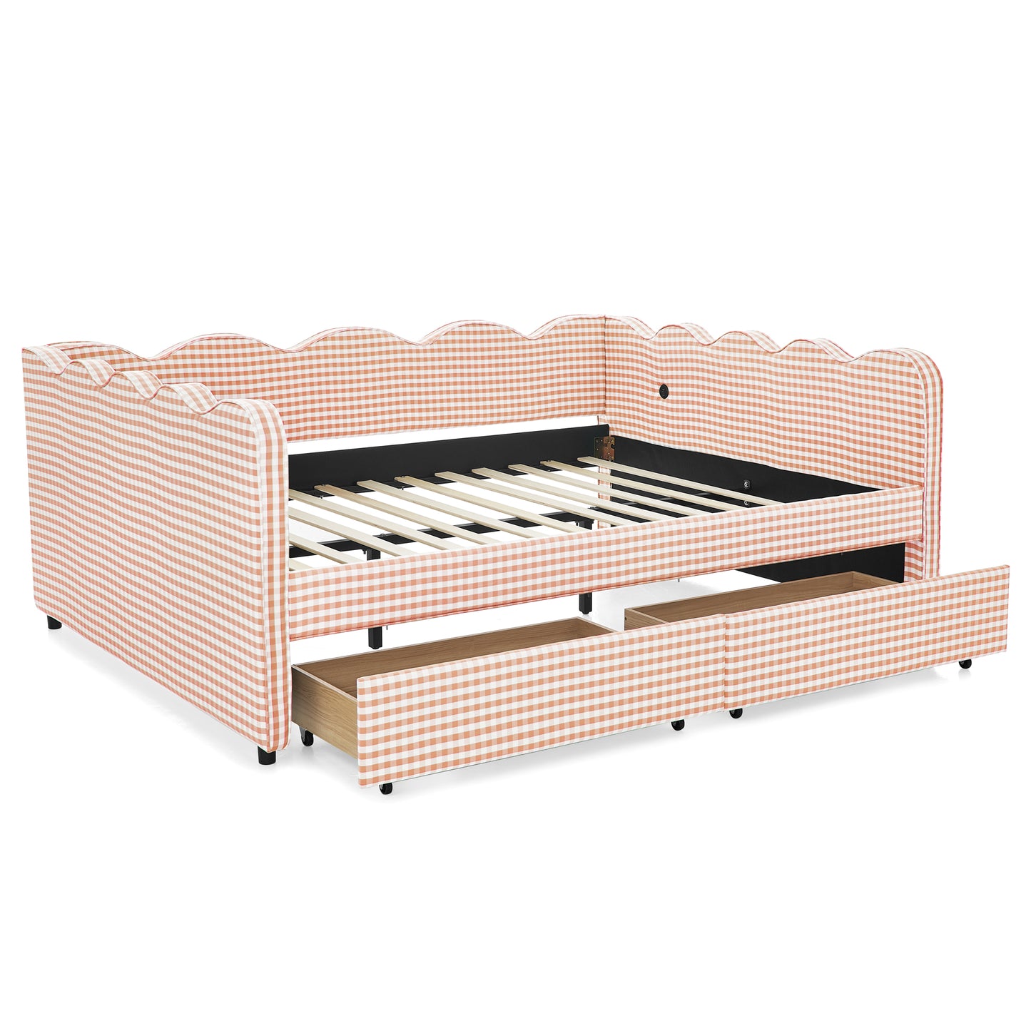 Queen Size Cozy Gingham Daybed with Two Storage Drawers, with USB Port and Adorable Wave Shaped, Linen Fabric image 12