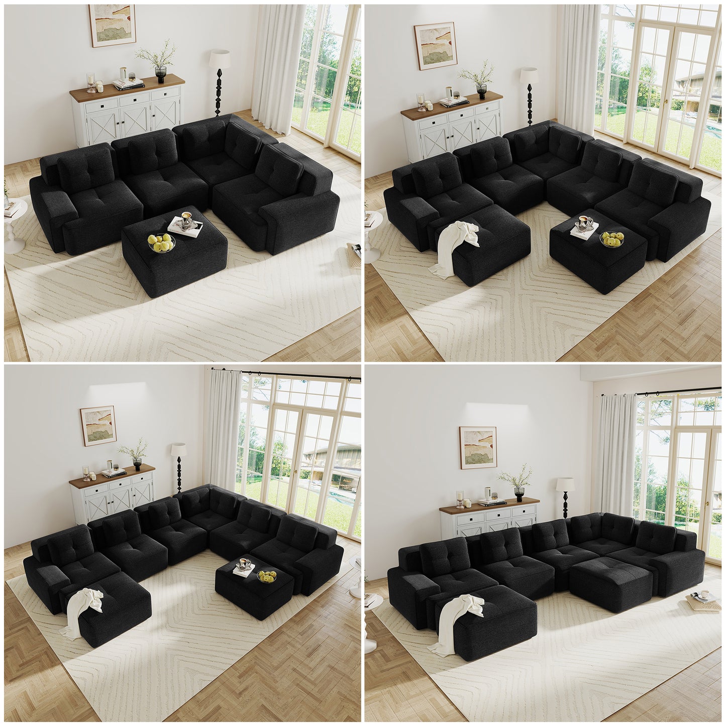 Modular Sectional Sofa with 5-Seater,V Shaped Corner Couch,Corduroy Fabric,2 Movable Ottomans, Deep Seat for Living Room, Pearl-like piping, Tufted Design, No Assembly, Anti-slip Design,Black image 7