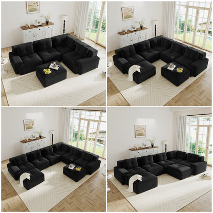 Modular Sectional Sofa with 5-Seater,V Shaped Corner Couch,Corduroy Fabric,2 Movable Ottomans, Deep Seat for Living Room, Pearl-like piping, Tufted Design, No Assembly, Anti-slip Design,Black image 7