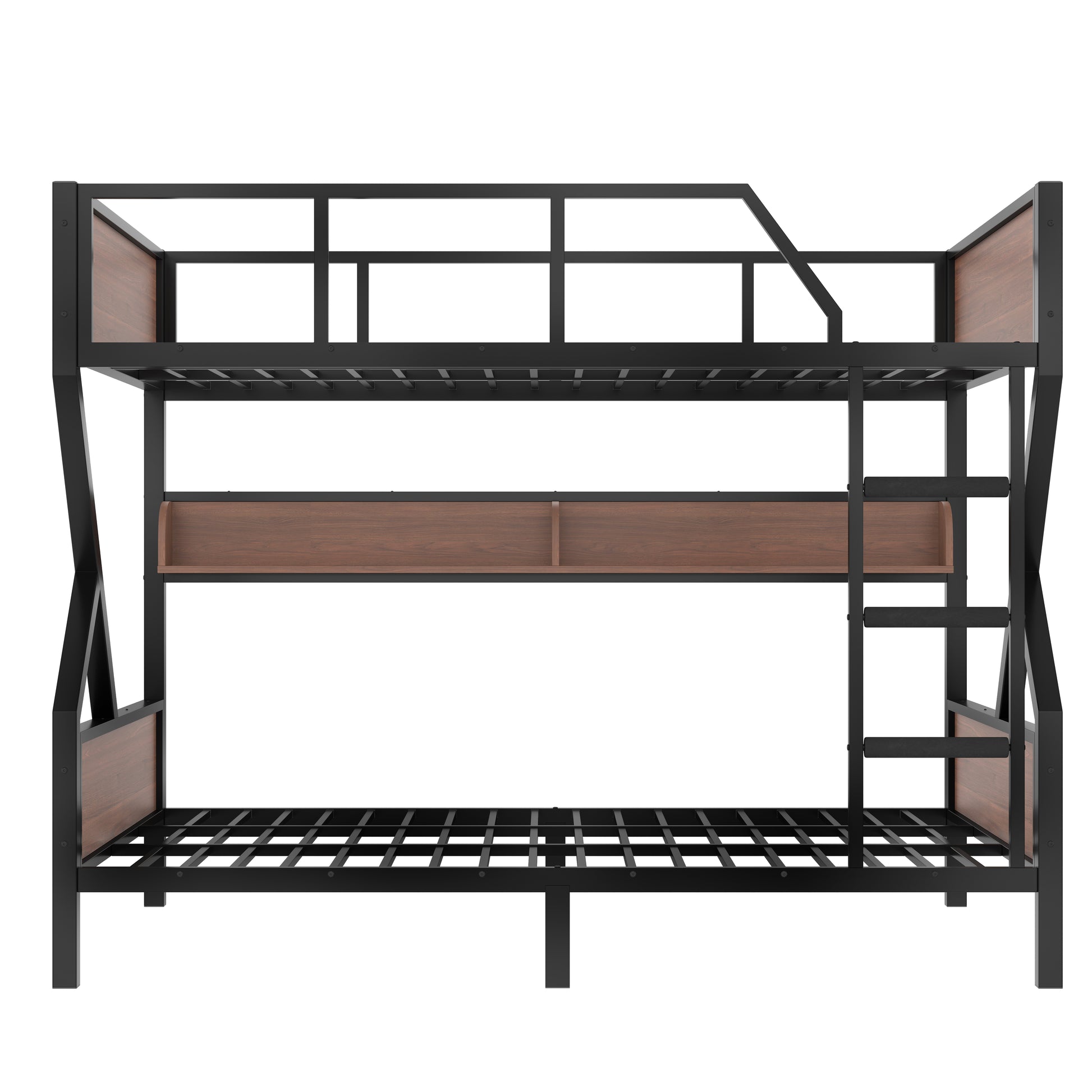 Queen over Queen Bunk Bed, Metal Bunk Bed with Storage Shelves and Lights, Space-saving & Noise-free Design, Black image 6