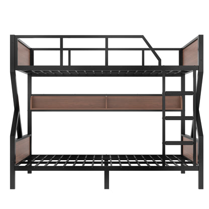 Queen over Queen Bunk Bed, Metal Bunk Bed with Storage Shelves and Lights, Space-saving & Noise-free Design, Black image 6