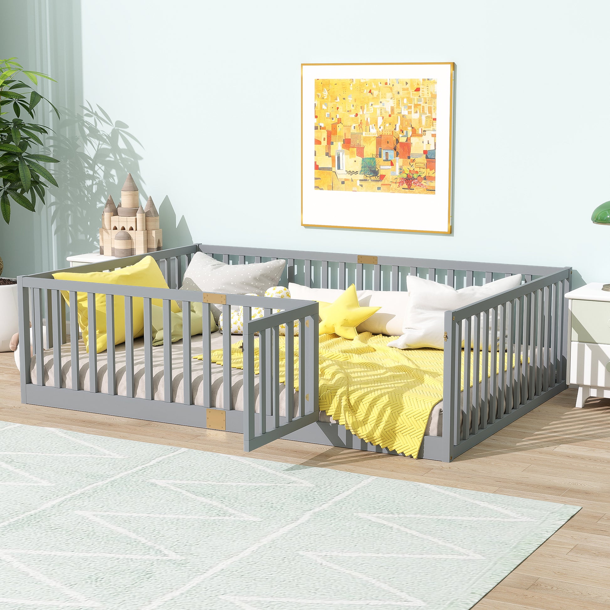 Full Size Floor Bed with High Fence Railings, with Door,6 Slats Included, Rubber Wood Floor Bed with Safety Guardrails,Grey image 2