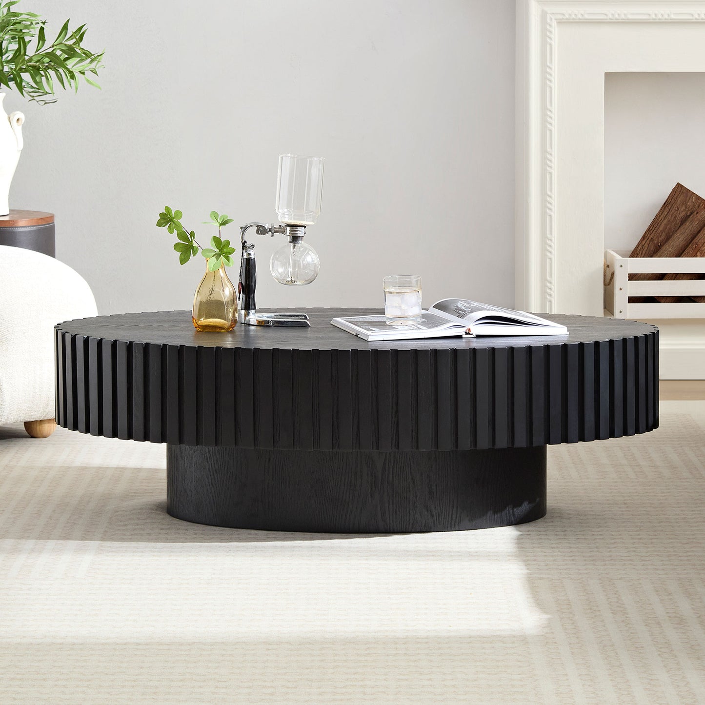 Modern Handcraft Drum Coffee Table Length 43.7 inch Ellipse Coffee Table for Living Room,Oval Small Coffee Table with Sturdy Pedestal,Black MDF image 2