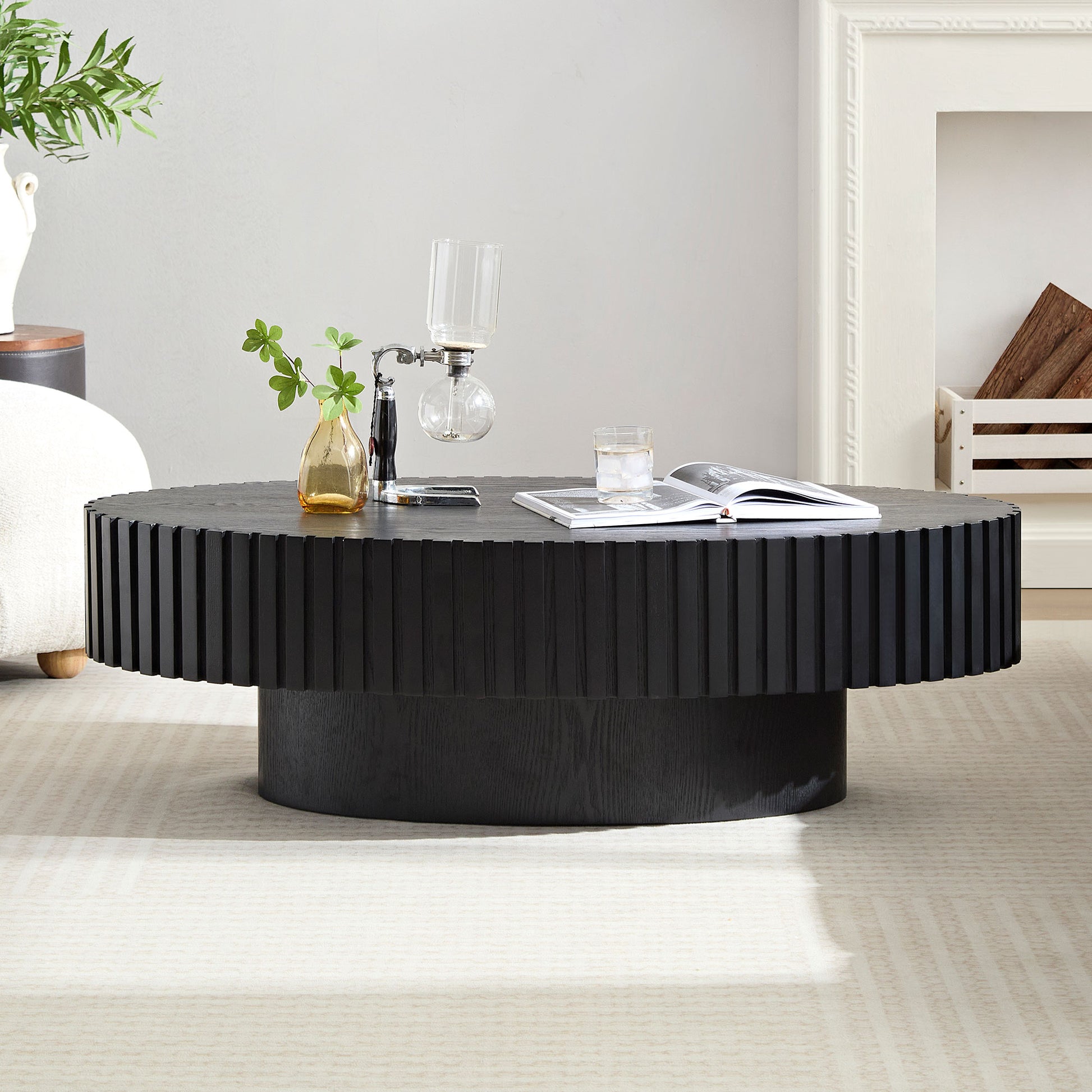 Modern Handcraft Drum Coffee Table Length 43.7 inch Ellipse Coffee Table for Living Room,Oval Small Coffee Table with Sturdy Pedestal,Black MDF image 2
