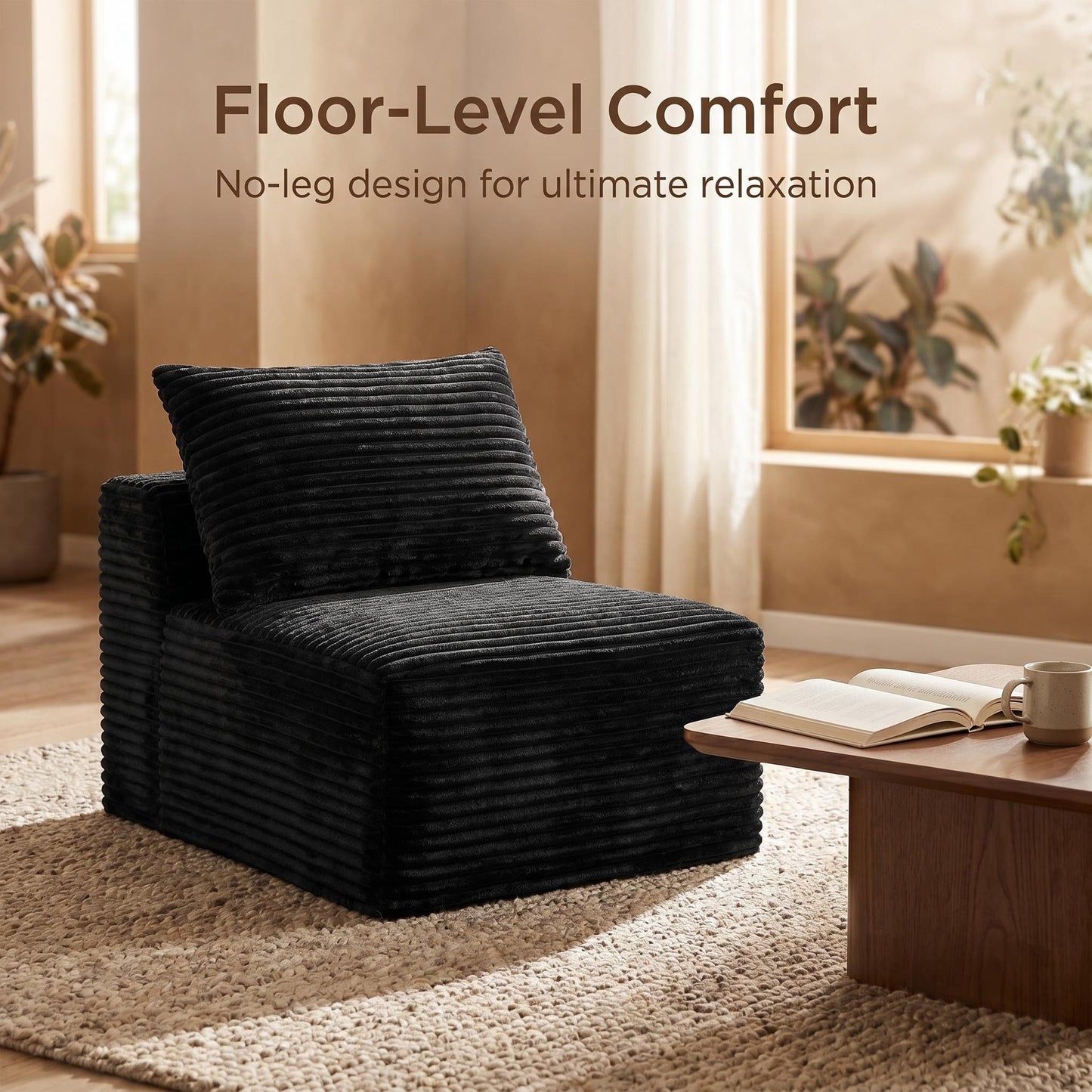 Black Corduroy Modular Compression Sofa, Legless Floor-Hugging Armless Accent Chair for Living Room Bedroom image 6
