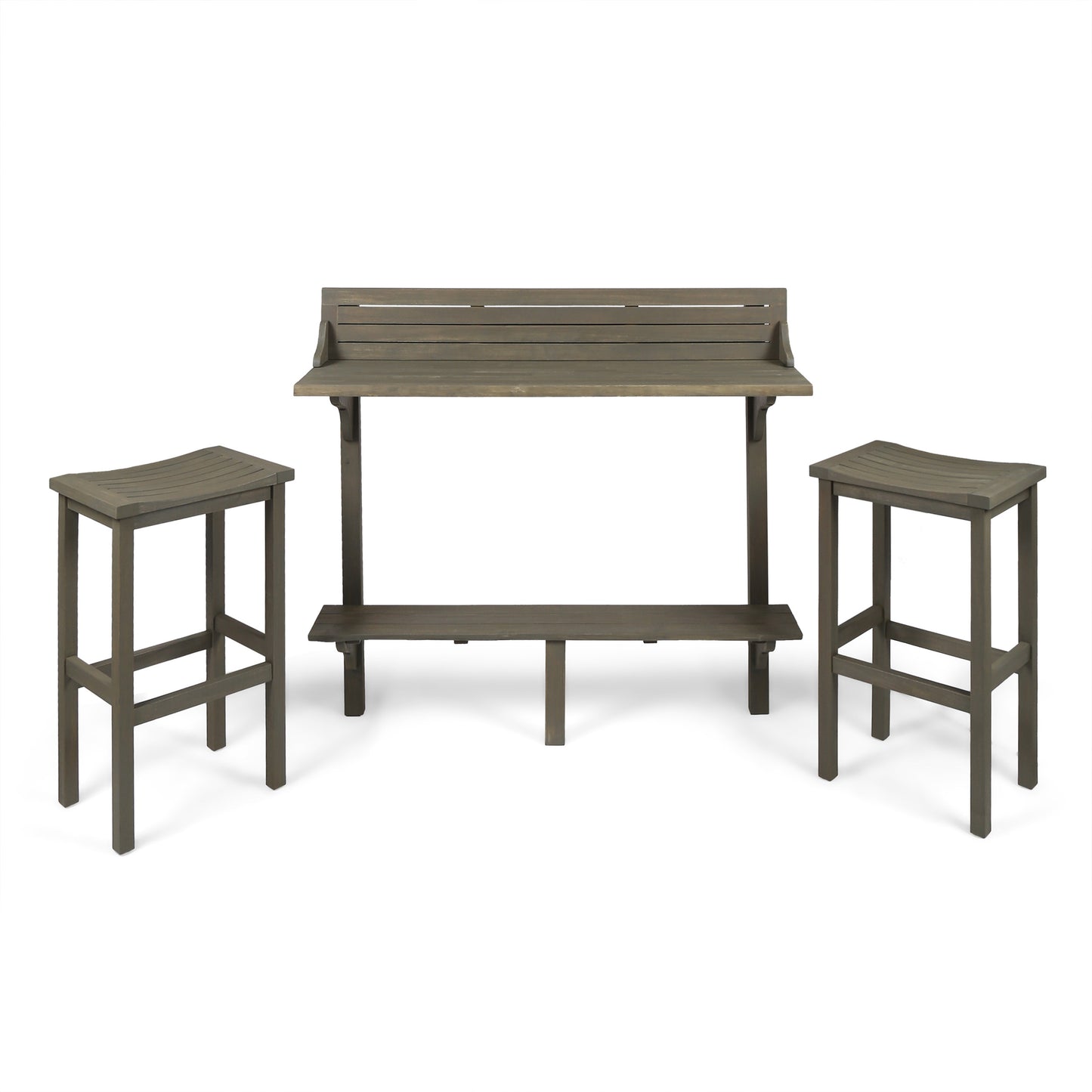 3-Piece Balcony Bar Set with Bottom Shelf Table and 2 Stools, Grey Finish image 2