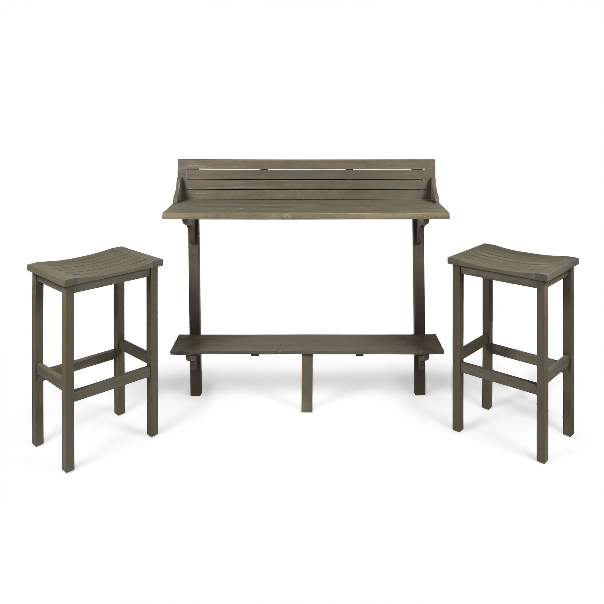 3-Piece Balcony Bar Set with Bottom Shelf Table and 2 Stools, Grey Finish image 2