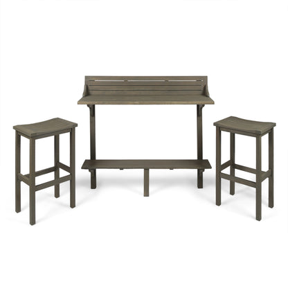 3-Piece Balcony Bar Set with Bottom Shelf Table and 2 Stools, Grey Finish image 2
