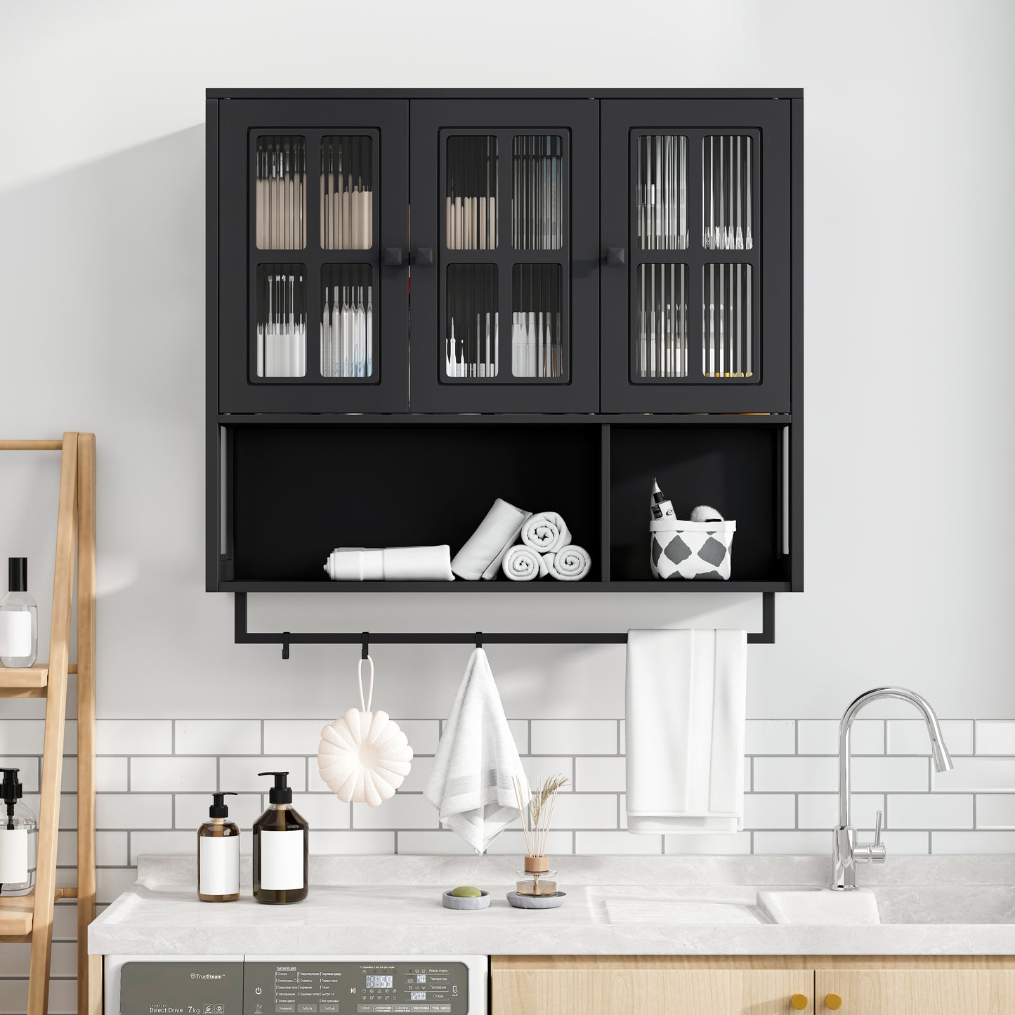 Bathroom Wall Cabinet, 3-Door Wooden Wall Cabinet with Open and Hidden Storage Space, Medicine Cabinet with Glass Door and Towel Bar for Entryway Living Room Bathroom Dining Room,Black image 1