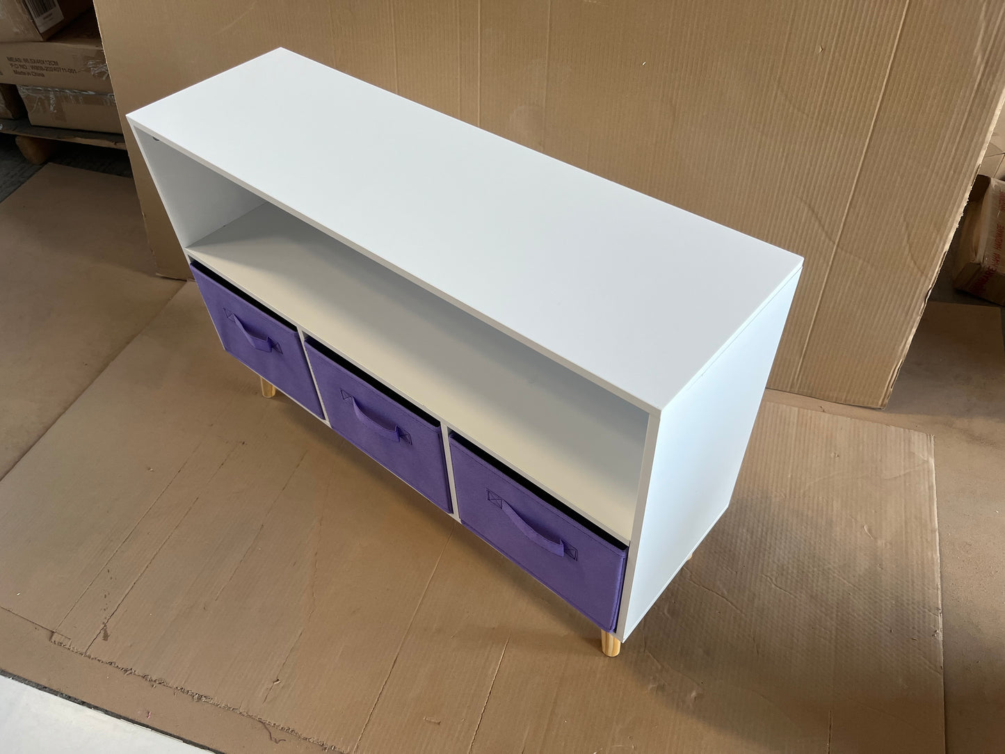 Kids bookcase with Collapsible Fabric Drawers, Children's Book Display, Toy Storage Cabinet Organizer, White/Purple image 3