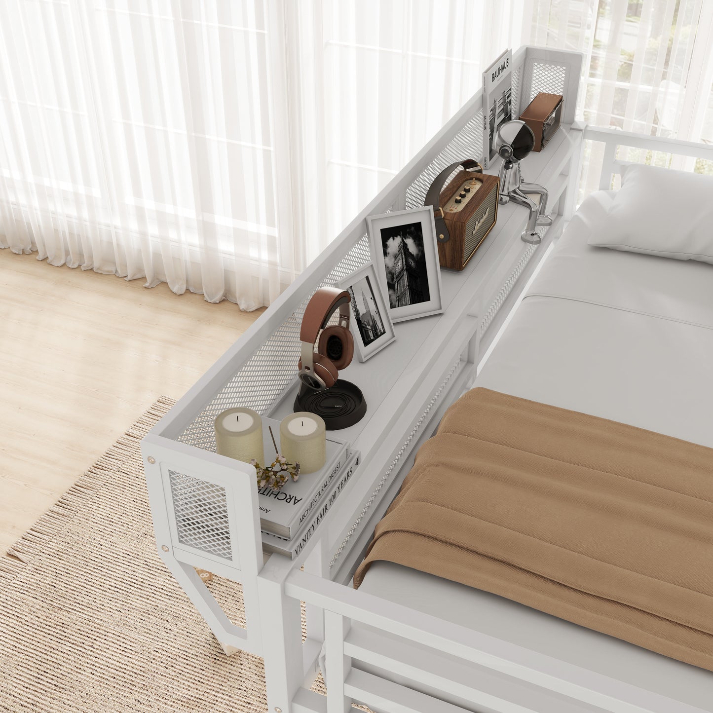 Full Loft Bed with Desk and Charging Station, Full Size Metal Loft Bed with Stairs and Light for Kids Teens,White(Expect Arrival Date 2026/3/7) image 4