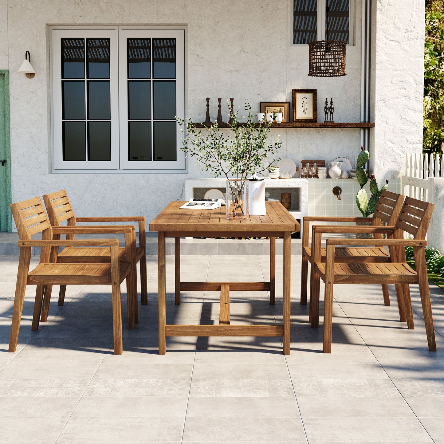U_STYLE 5-Piece Outdoor Acacia Wood Outdoor Dining Set of 4,59.06-Inch Rectangular Table with Umbrella Hole,Suitable for Patio, Lawn, Garden, Poolside, & Indoor Use image 2