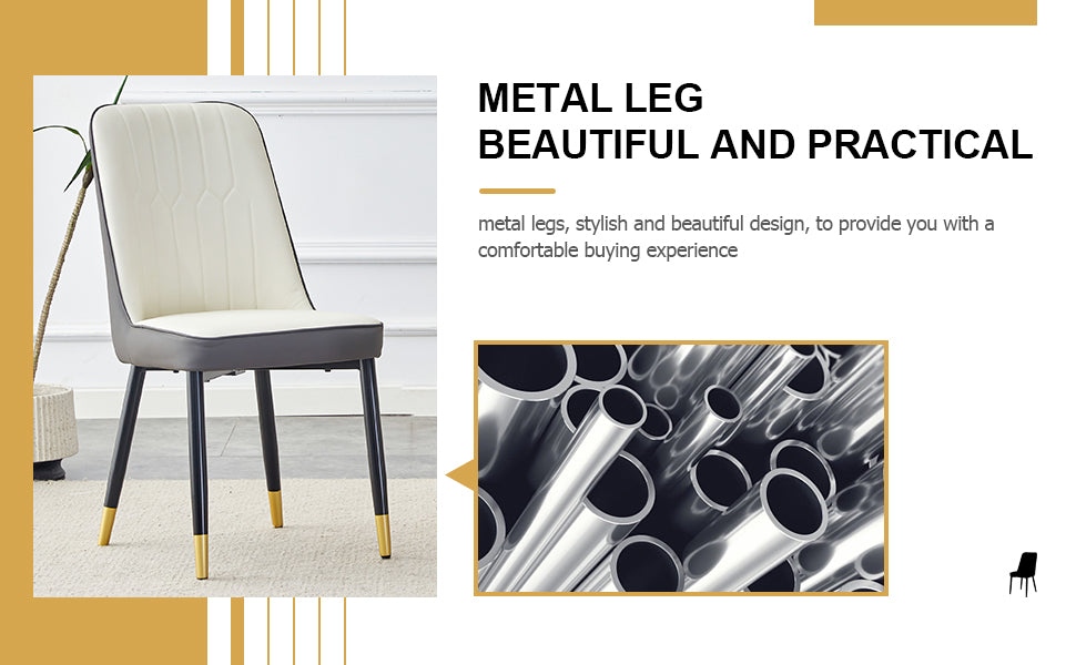 A modern dining chair with a white dark gray dual tone PU leather backrest and black metal legs, suitable for kitchens, bedrooms, and offices. A set of 4 pieces (white+dark gray+PU)C-007 image 10