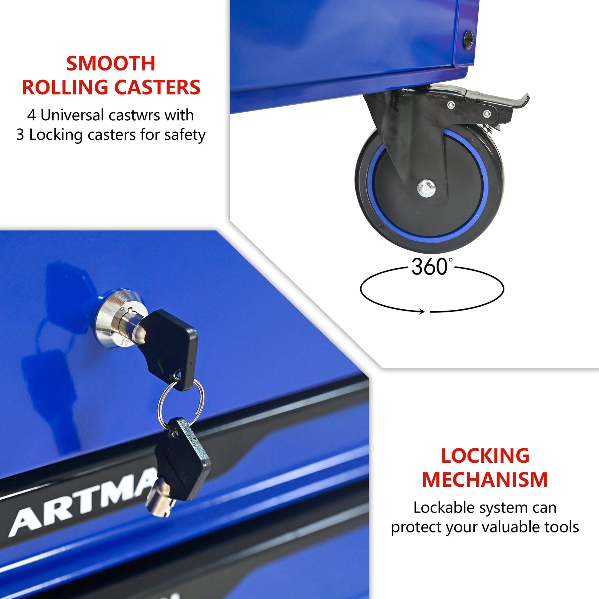 3 DRAWERS MULTIFUNCTIONAL TOOL CART WITH WHEELS AND STEEL TOP-Blue&Black image 7