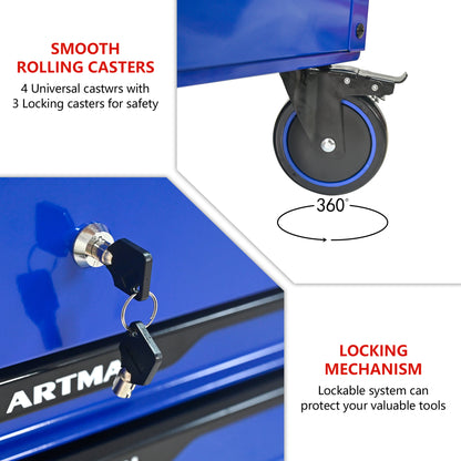 3 DRAWERS MULTIFUNCTIONAL TOOL CART WITH WHEELS AND STEEL TOP-Blue&Black image 7
