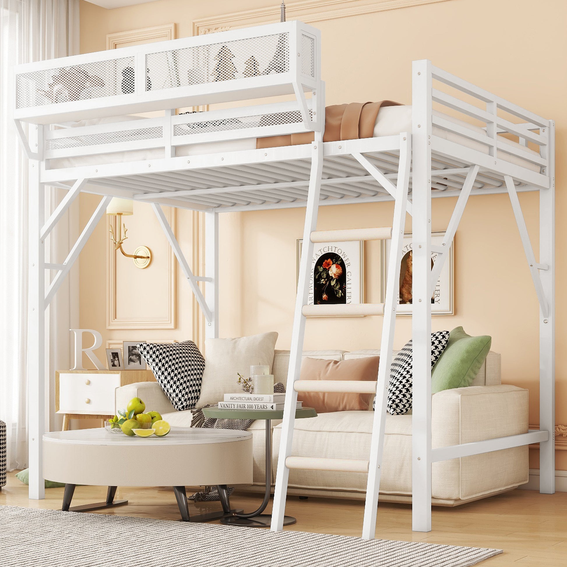 Queen Size Loft Bed with Ladder, Metal Queen Loft Bed with Storage Shelves, High Loft Bed for Kids Teens, White(Expect Arrival Date 2025/12/3 Old SKU W2580P351278) image 1