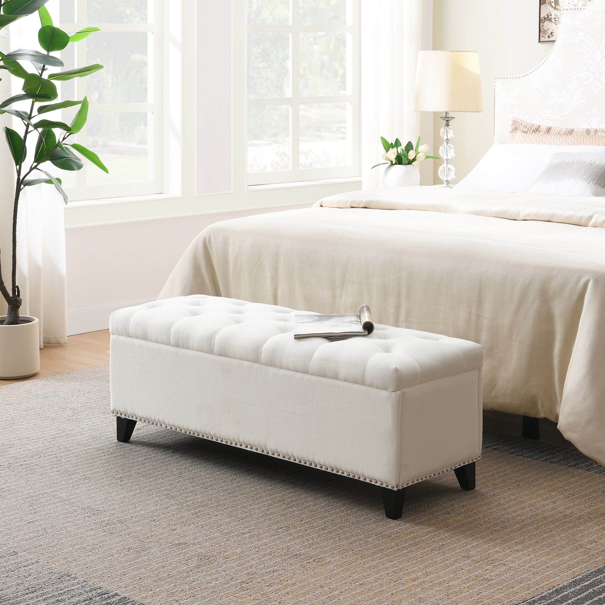 47.5" Storage Ottoman, Storage Bench with Safety Close Hinge, Linen Button-Tufted Ottoman for Living Room, Entryway, Hallway, Foot Rest, Support 500lbs - Beige image 1