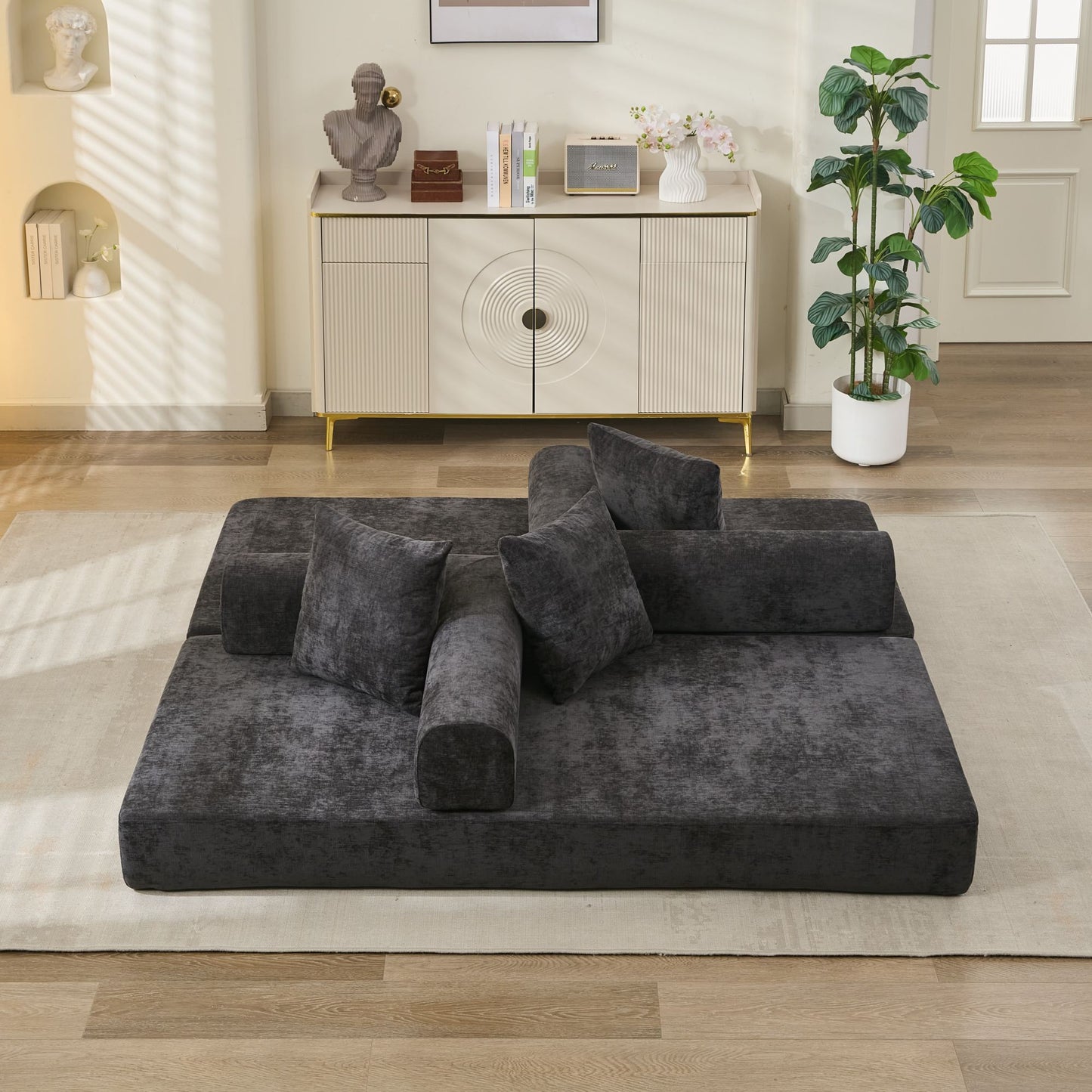 Comfy Convertible Folding Mattress Couch, Floor Sofa Bed, Chenille Floor Sofa with Armrest, Floor Sofa Lounge Couch for Living Room Bedroom Lounge Studio-Black image 5