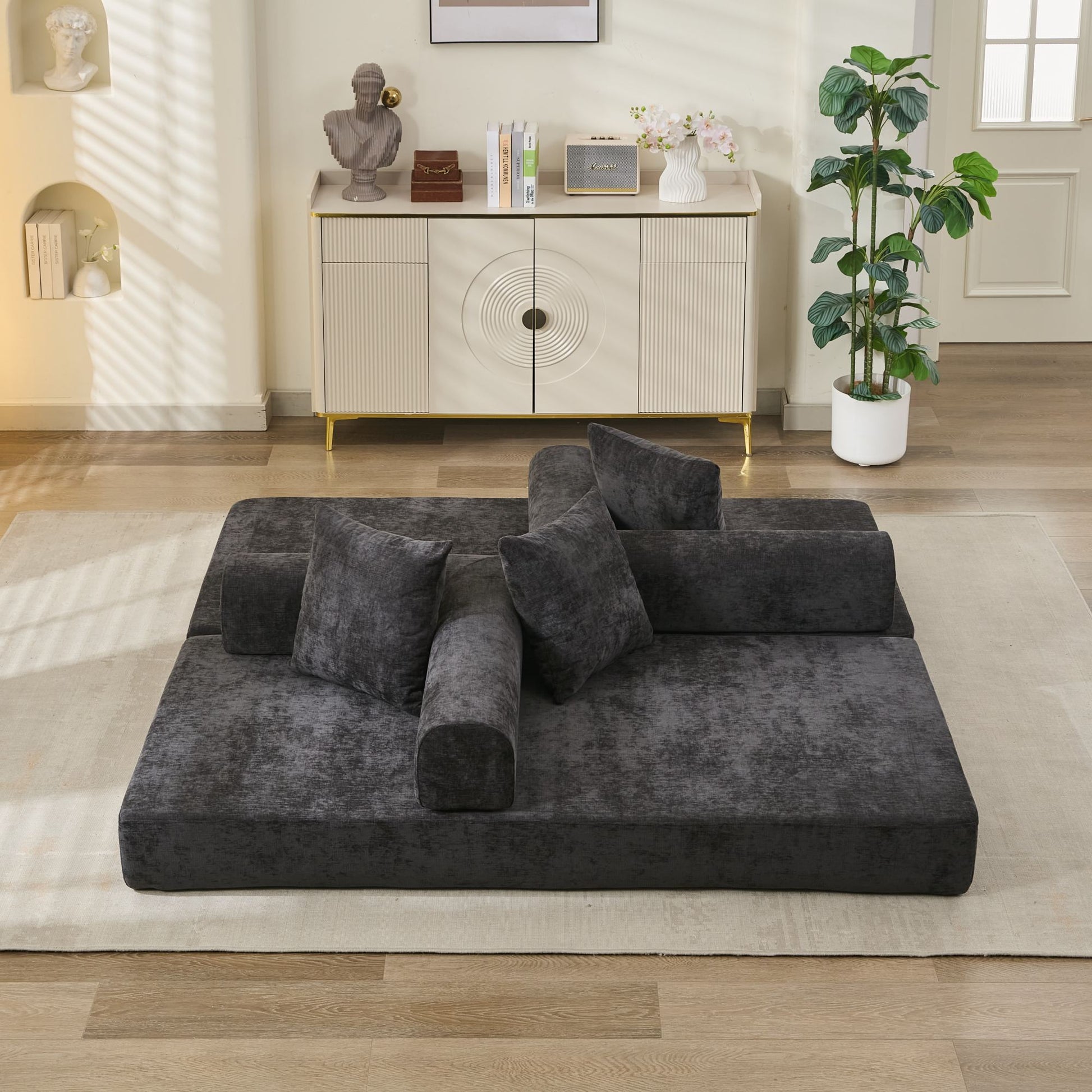 Comfy Convertible Folding Mattress Couch, Floor Sofa Bed, Chenille Floor Sofa with Armrest, Floor Sofa Lounge Couch for Living Room Bedroom Lounge Studio-Black image 5