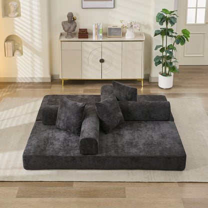 Comfy Convertible Folding Mattress Couch, Floor Sofa Bed, Chenille Floor Sofa with Armrest, Floor Sofa Lounge Couch for Living Room Bedroom Lounge Studio-Black image 5