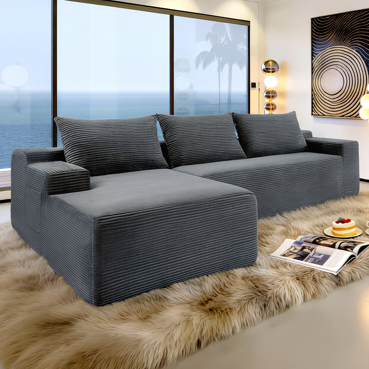 NEW2 96.9" Cloud Sectional Couch with U-Shaped Chaise,Modern Modular Sofa with Deep Seat, Upholstered Couches for Living Room Bedroom,No Assembly Required,(Plush Corduroy Fabric),Grey-Left image 2