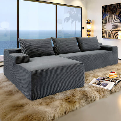 NEW2 96.9" Cloud Sectional Couch with U-Shaped Chaise,Modern Modular Sofa with Deep Seat, Upholstered Couches for Living Room Bedroom,No Assembly Required,(Plush Corduroy Fabric),Grey-Left image 2