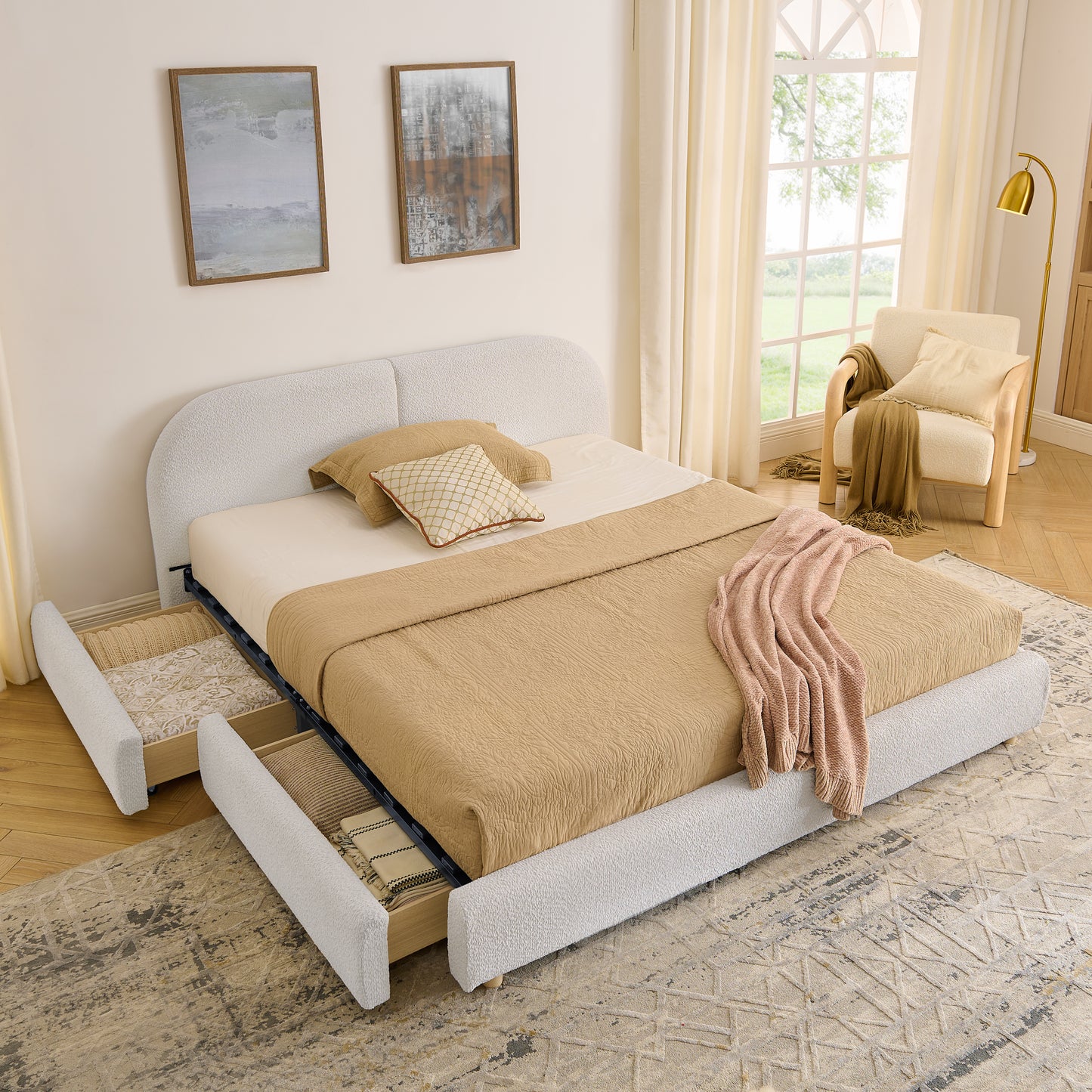Queen Size Upholstered Bed Frame Modern Minimalist Style - Circle Yarn Fabric, Tall Curved Headboard, Sturdy Leg Support & Wheeled Drawer Storage, Mattress Not Included -Beige image 3