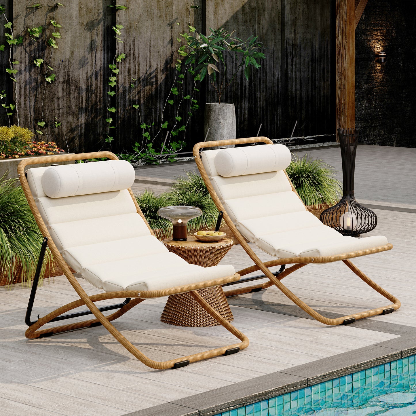 TREXM 2-Pieces Outdoor Folding Chair, Rattan-Wrapped Patio Chair with Adjustable Backrest, Thick Cushion, and Detachable Headrest,for the Poolside, Beach, Backyard, Decck, and Camping (Yellow) image 1
